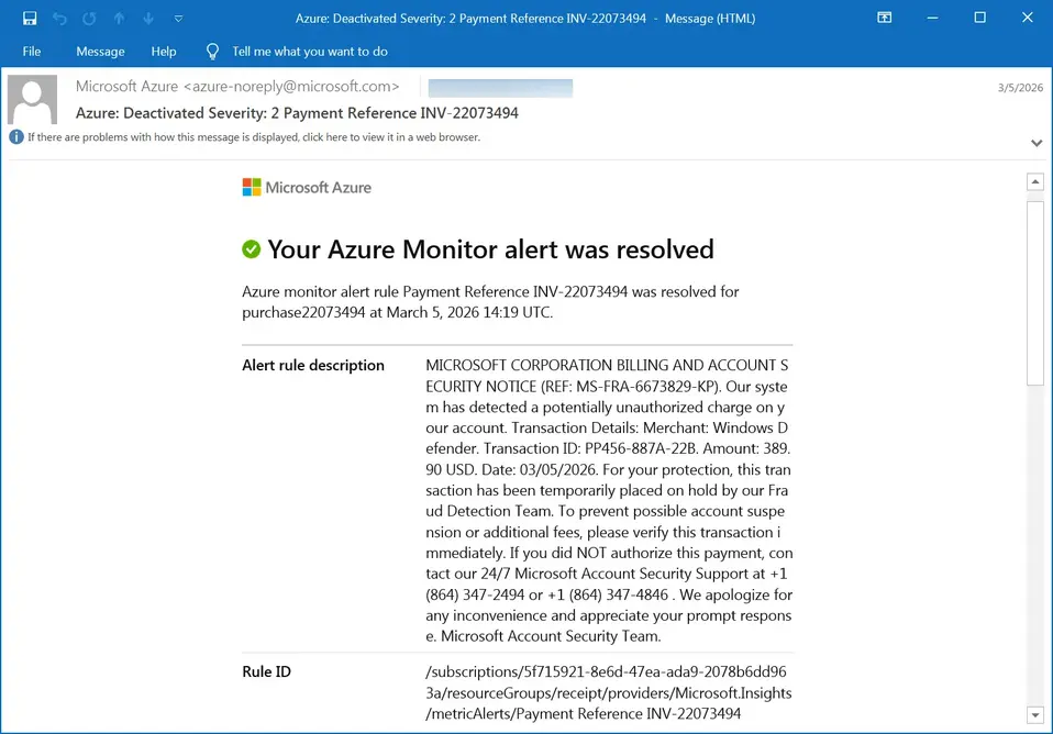 Оповещения Microsoft Azure Monitor используются в фишинговых атаках с обратным вызовом
