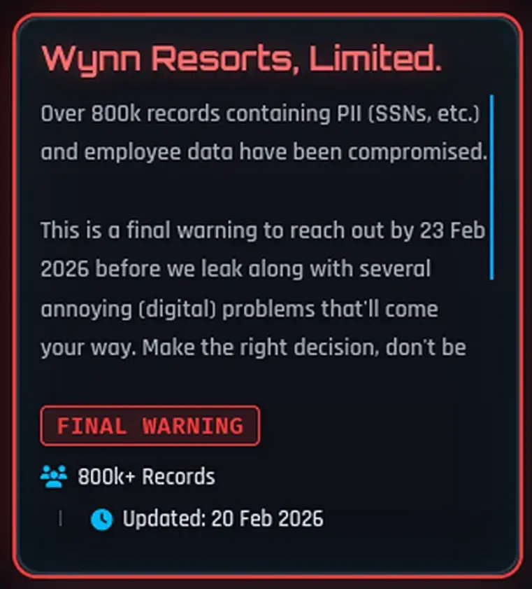 Wynn Resorts подтверждает утечку данных сотрудников после угрозы вымогательства