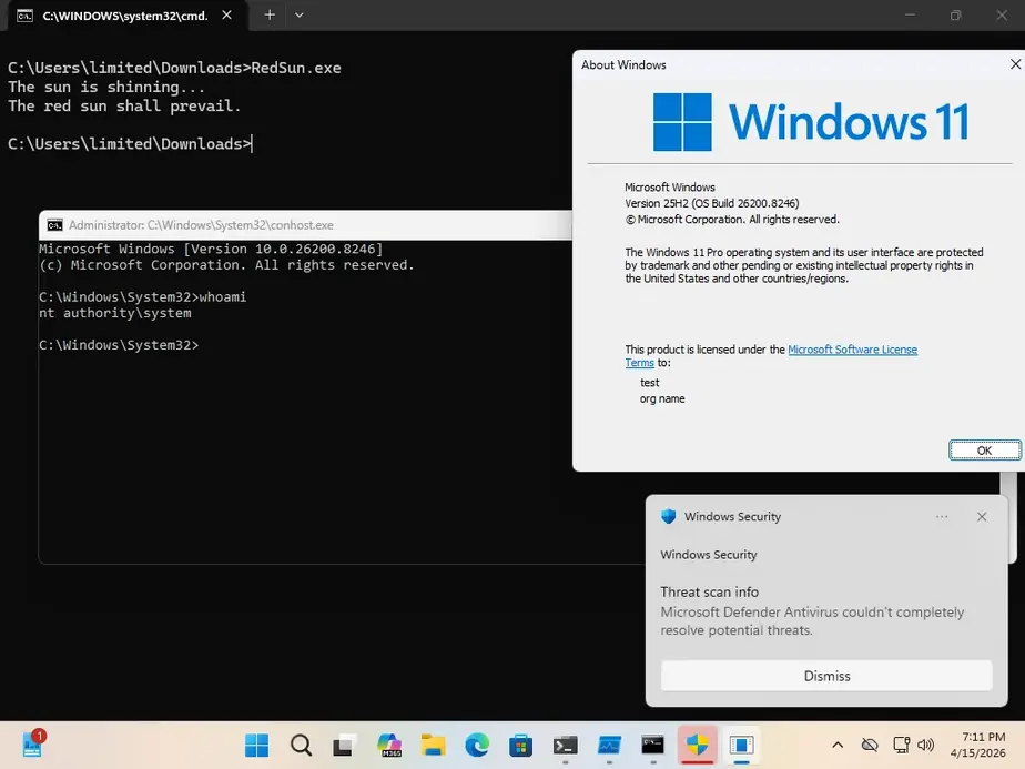 Новый PoC для уязвимости нулевого дня RedSun в Microsoft Defender позволяет получить права SYSTEM